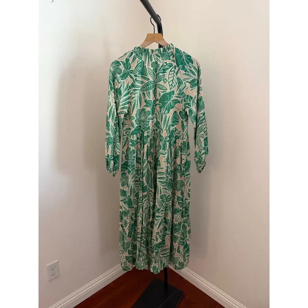 $160 New O.P.T green & tan linen blend dress floral sz Small midi long sleeve - Picture 5 of 5